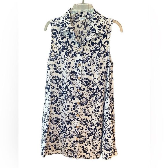 Just Cover Me Sz S Navy Blue White Floral Print Sleeveless Pockets Cotton Dress - Picture 1 of 9